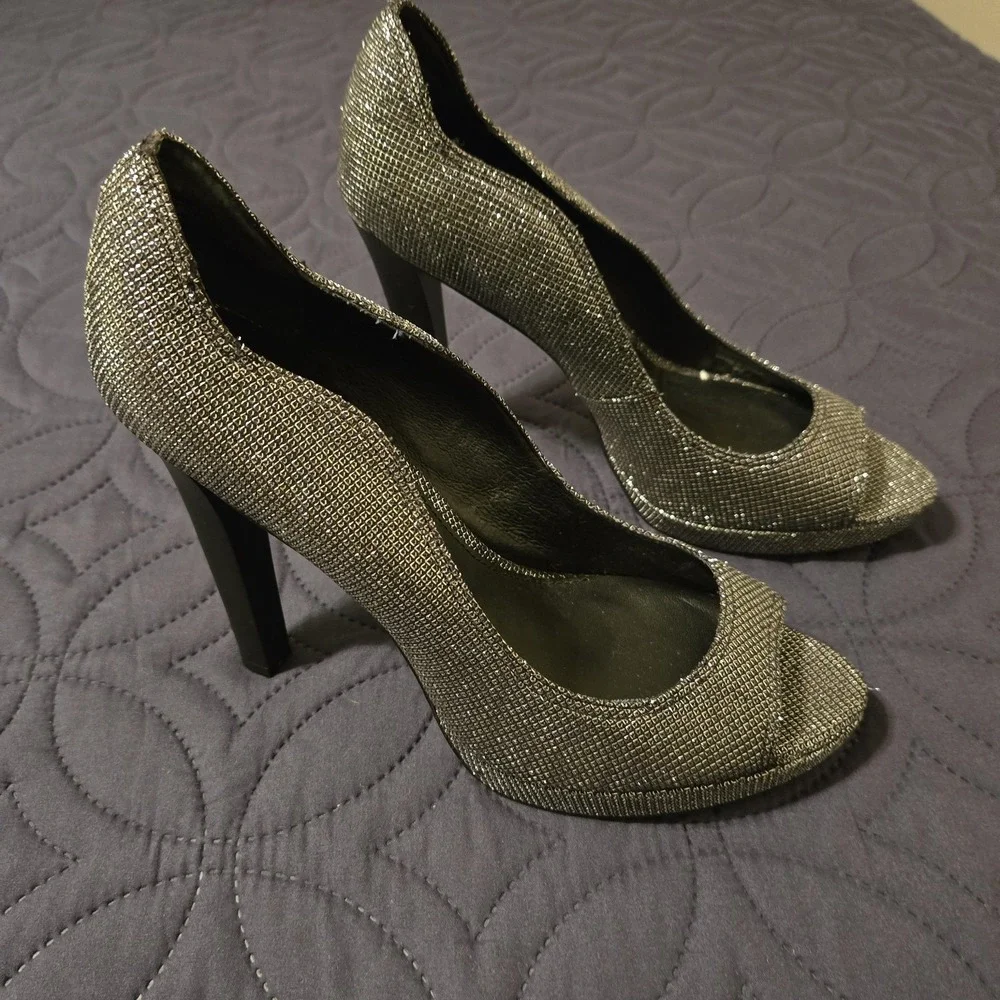 Rebecca Minkoff Heels Womens Size 9M Silver Glitter Peep Toe Stiletto Pump Party